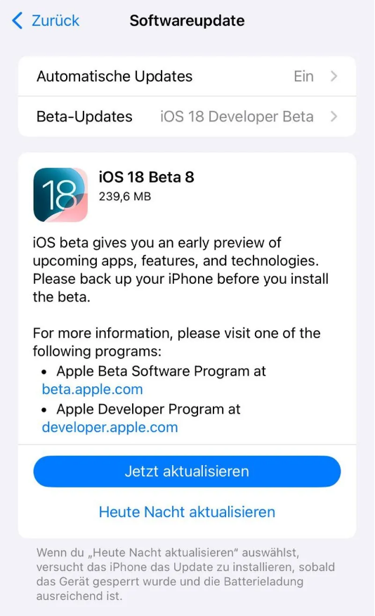 康保苹果手机维修分享苹果 iOS / iPadOS 18 开发者预览版 Beta 8 发布 